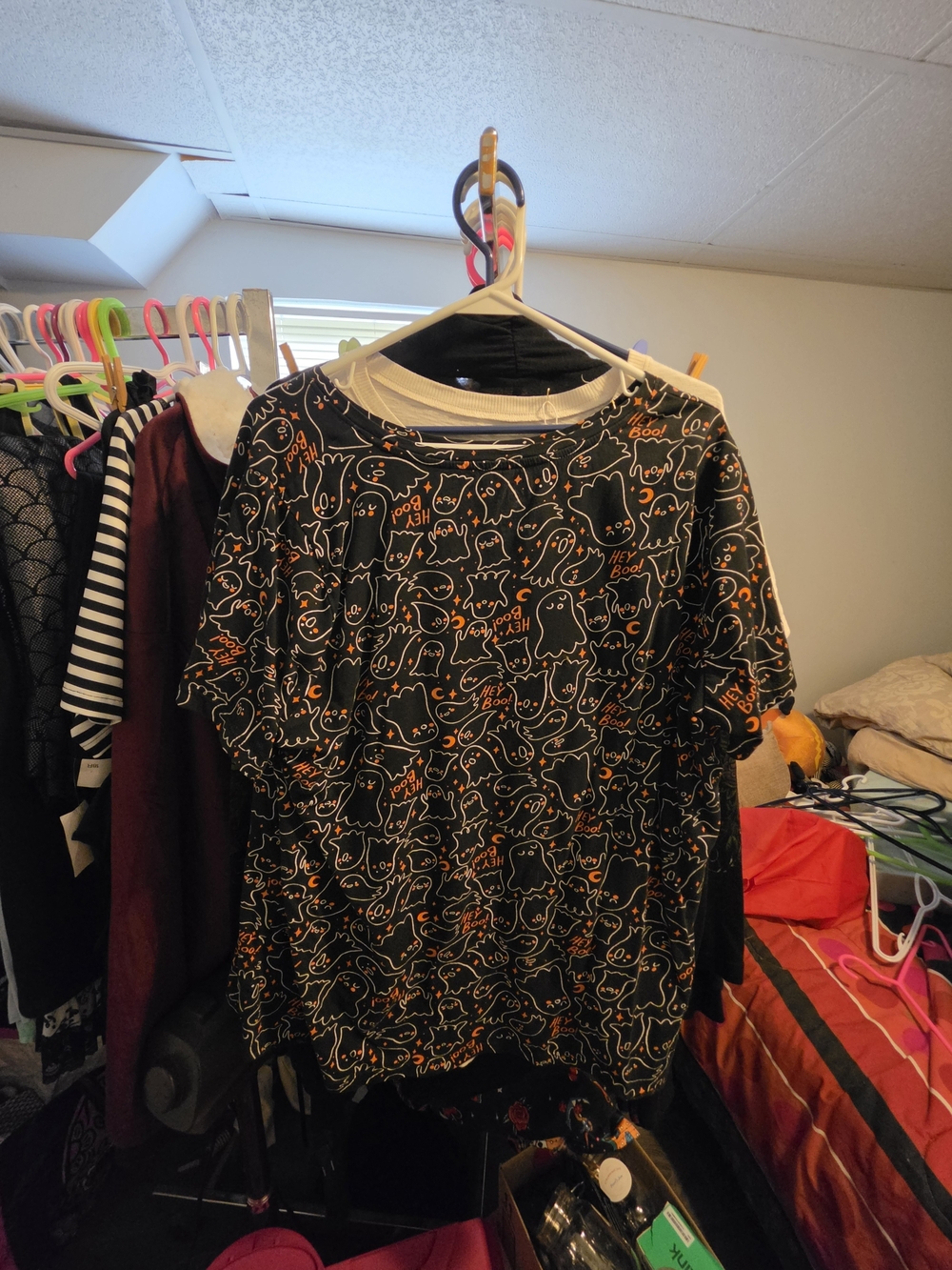 Black Halloween Ghost Print Tee with Orange Accents